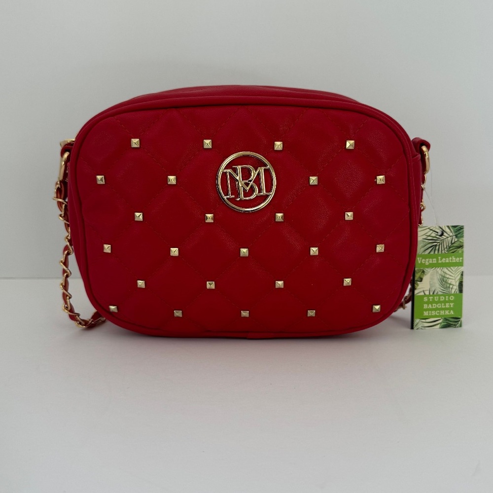 Badgley Mischka Red Quilted Camera Shoulder Bag with Gold Logo and Studs NWT